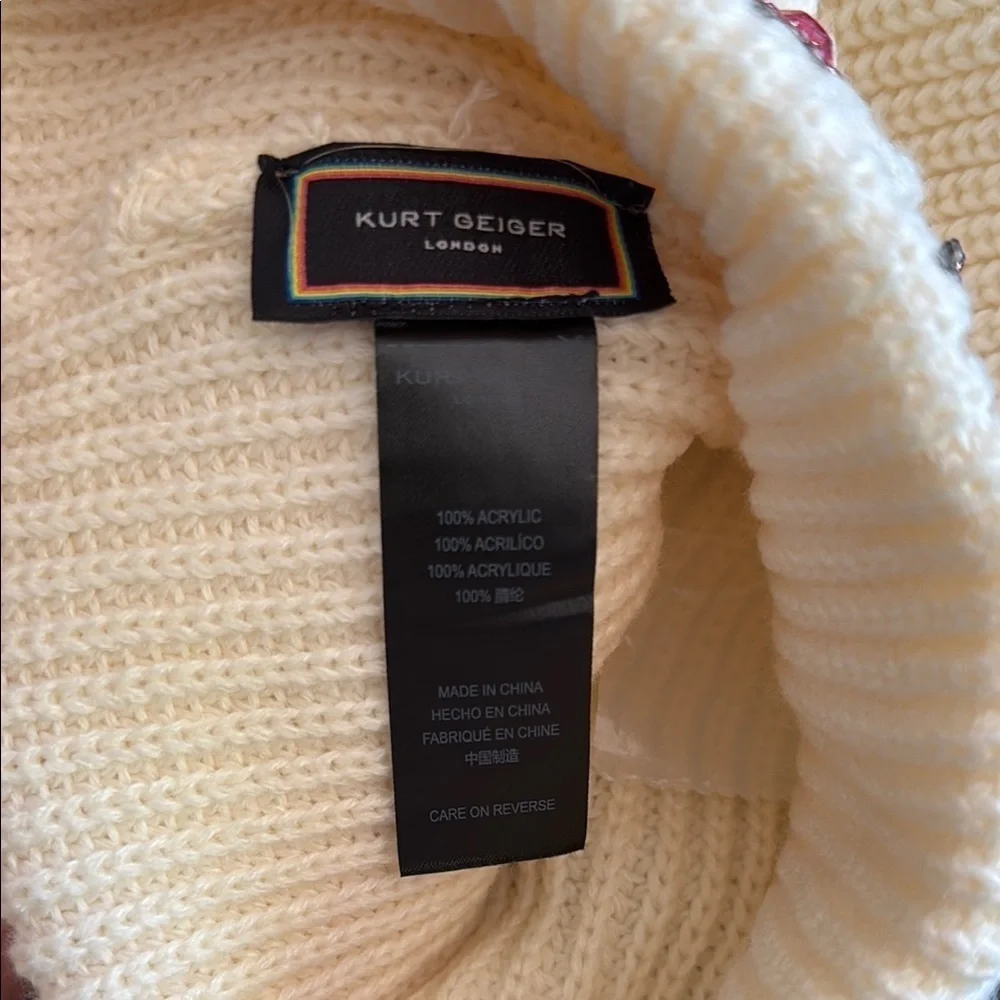 Kurt Geiger London Women’s Cream Knit Hat with Pink Crystal Embellishments